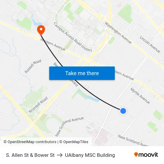 S. Allen St & Bower St to UAlbany MSC Building map