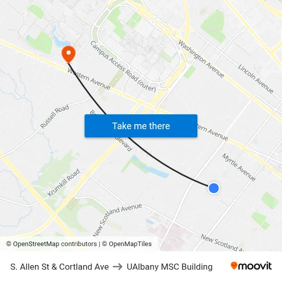 S. Allen St & Cortland Ave to UAlbany MSC Building map