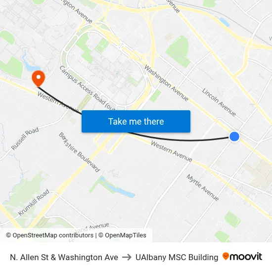 N. Allen St & Washington Ave to UAlbany MSC Building map