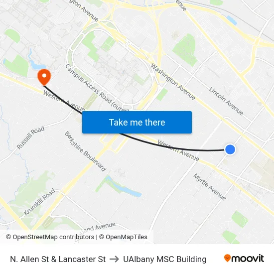 N. Allen St & Lancaster St to UAlbany MSC Building map