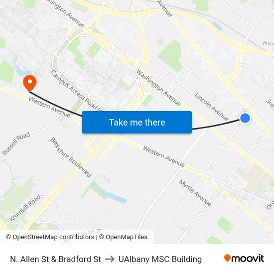 N. Allen St & Bradford St to UAlbany MSC Building map