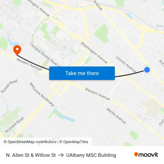 N. Allen St & Willow St to UAlbany MSC Building map