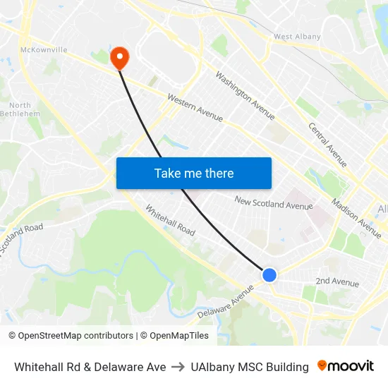 Whitehall Rd & Delaware Ave to UAlbany MSC Building map