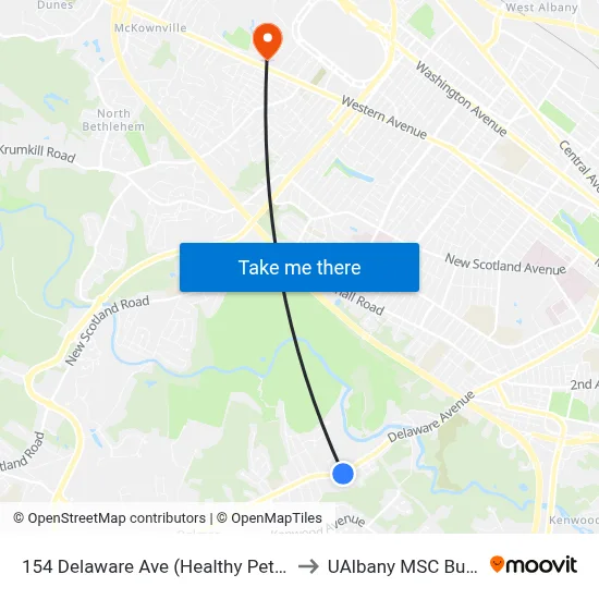 154 Delaware Ave (Healthy Pet Center) to UAlbany MSC Building map
