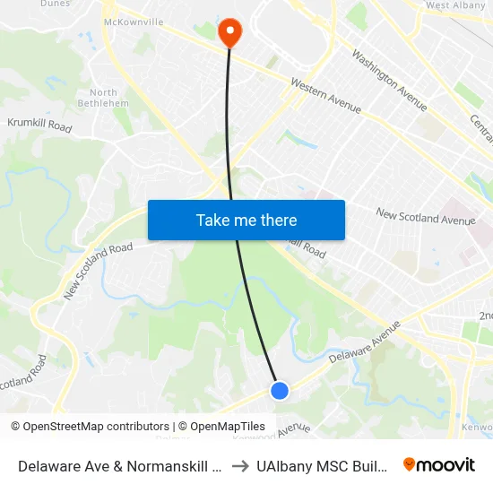 Delaware Ave & Normanskill Blvd to UAlbany MSC Building map