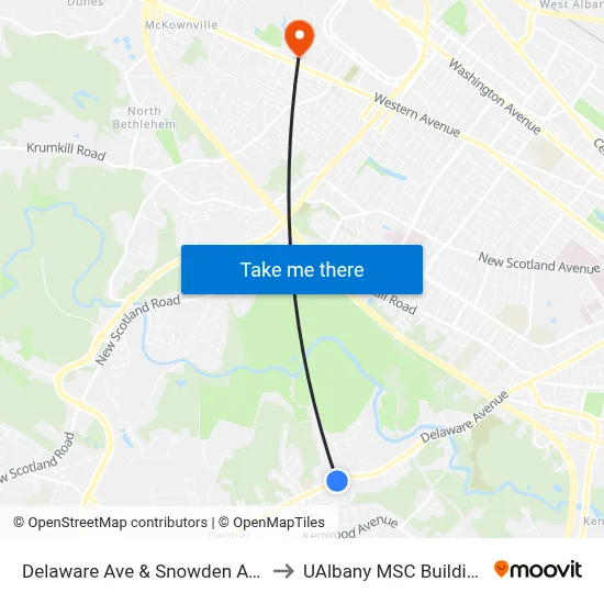 Delaware Ave & Snowden Ave to UAlbany MSC Building map