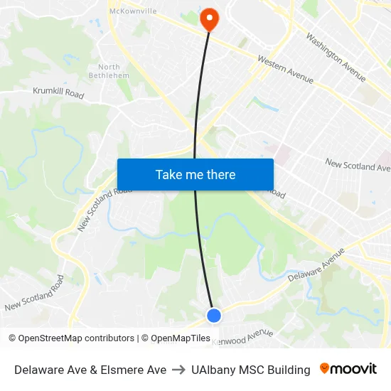 Delaware Ave & Elsmere Ave to UAlbany MSC Building map