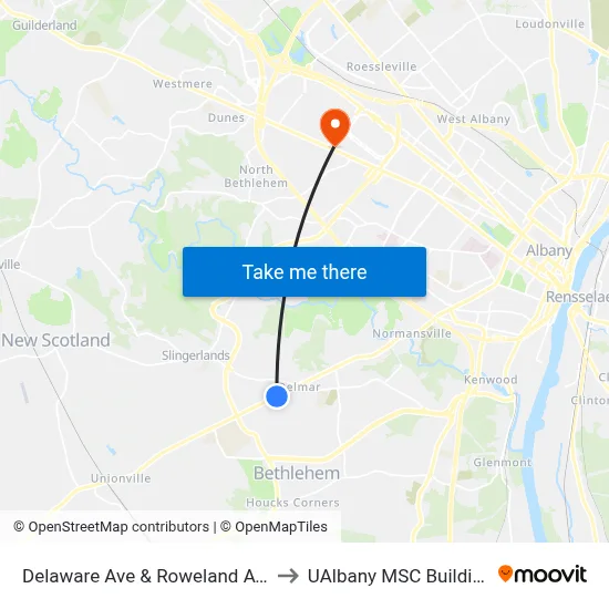 Delaware Ave & Roweland Ave to UAlbany MSC Building map