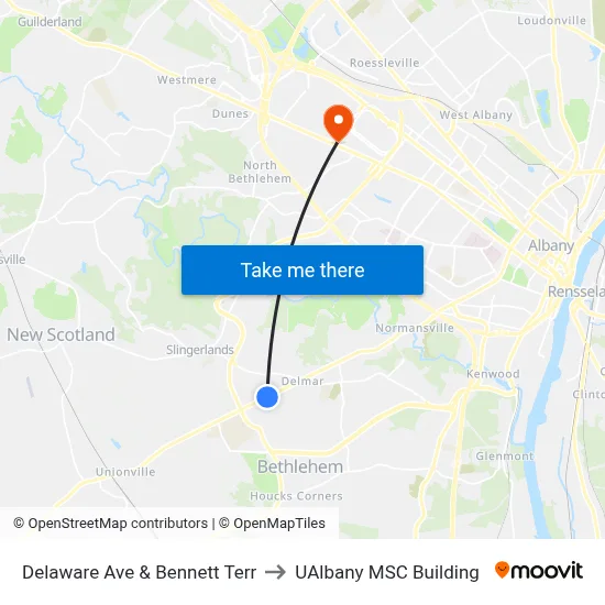 Delaware Ave & Bennett Terr to UAlbany MSC Building map