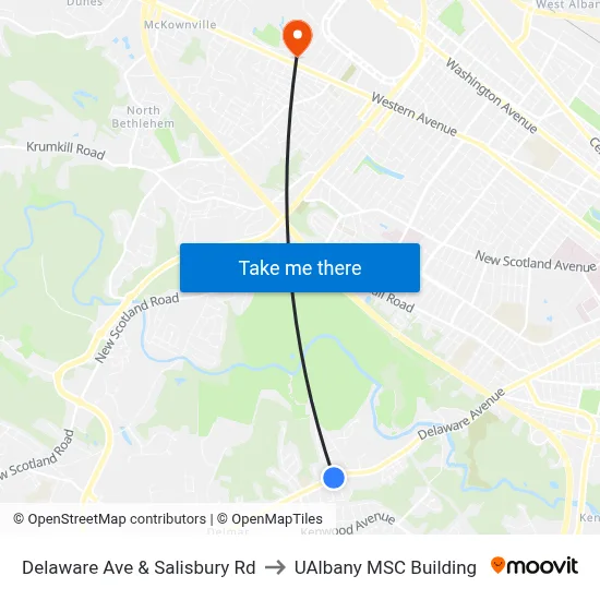 Delaware Ave & Salisbury Rd to UAlbany MSC Building map