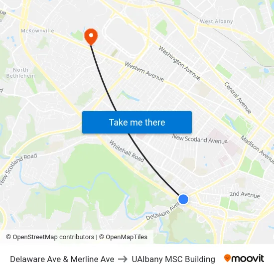 Delaware Ave & Merline Ave to UAlbany MSC Building map