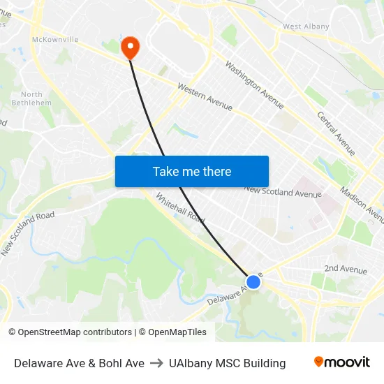 Delaware Ave & Bohl Ave to UAlbany MSC Building map
