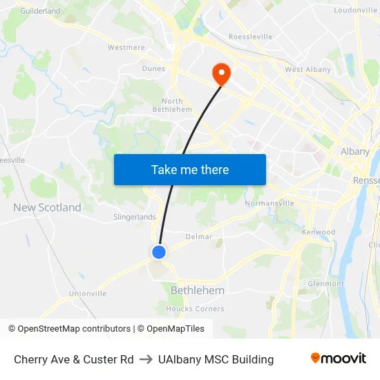 Cherry Ave & Custer Rd to UAlbany MSC Building map