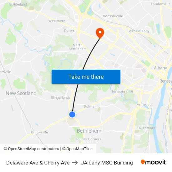 Delaware Ave & Cherry Ave to UAlbany MSC Building map