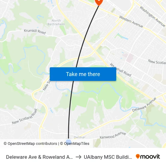 Deleware Ave & Roweland Ave to UAlbany MSC Building map