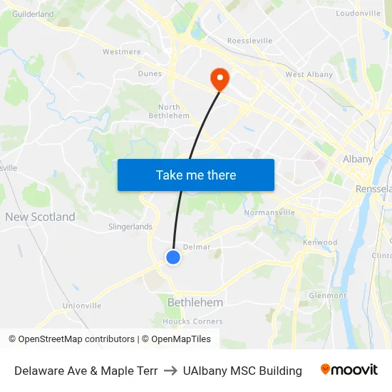 Delaware Ave & Maple Terr to UAlbany MSC Building map