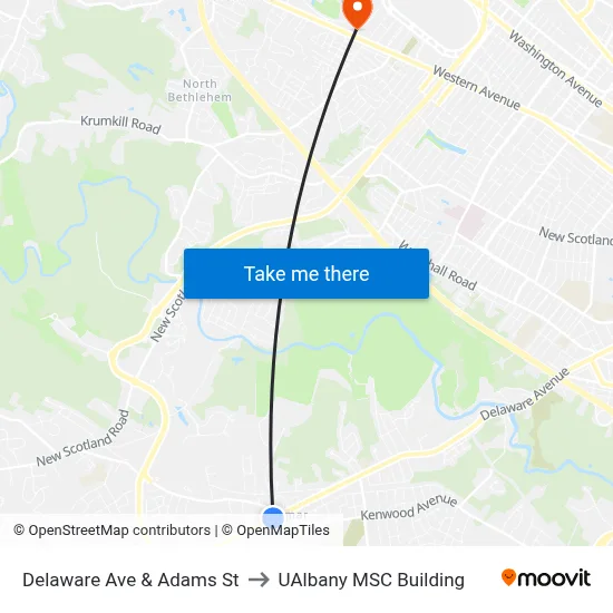 Delaware Ave & Adams St to UAlbany MSC Building map