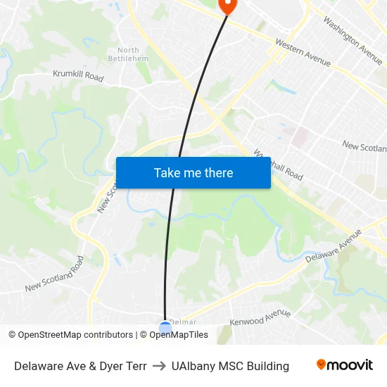 Delaware Ave & Dyer Terr to UAlbany MSC Building map