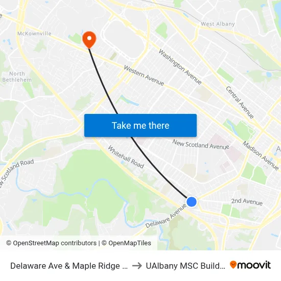 Delaware Ave & Maple Ridge Ave to UAlbany MSC Building map