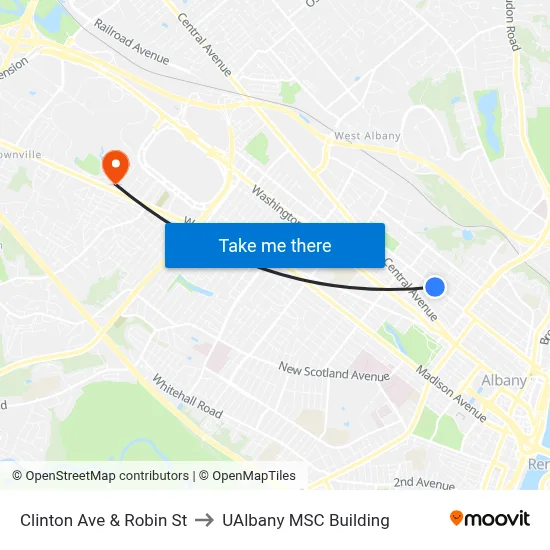 Clinton Ave & Robin St to UAlbany MSC Building map