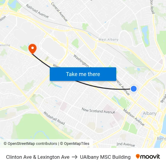 Clinton Ave & Lexington Ave to UAlbany MSC Building map