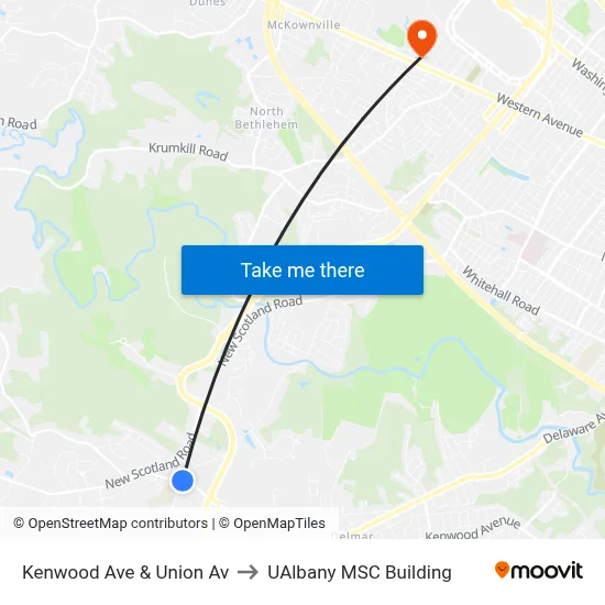 Kenwood Ave & Union Av to UAlbany MSC Building map