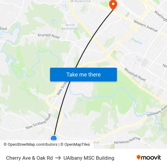 Cherry Ave & Oak Rd to UAlbany MSC Building map