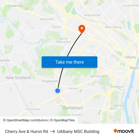 Cherry Ave & Huron Rd to UAlbany MSC Building map