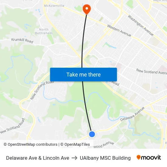 Delaware Ave & Lincoln Ave to UAlbany MSC Building map