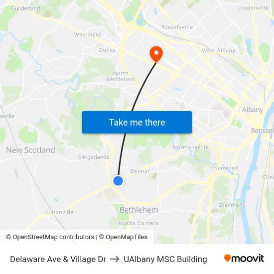 Delaware Ave & Village Dr to UAlbany MSC Building map
