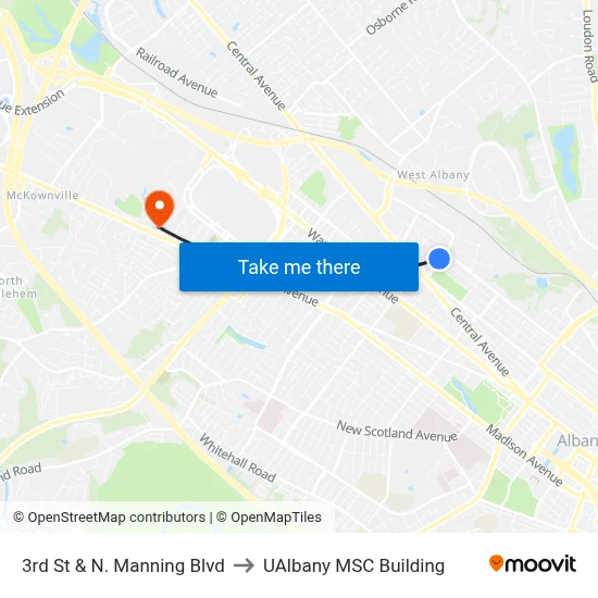 3rd St & N. Manning Blvd to UAlbany MSC Building map