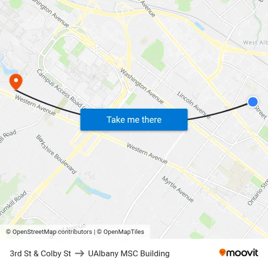 3rd St & Colby St to UAlbany MSC Building map