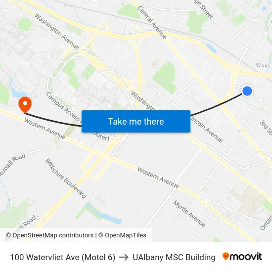 100 Watervliet Ave (Motel 6) to UAlbany MSC Building map