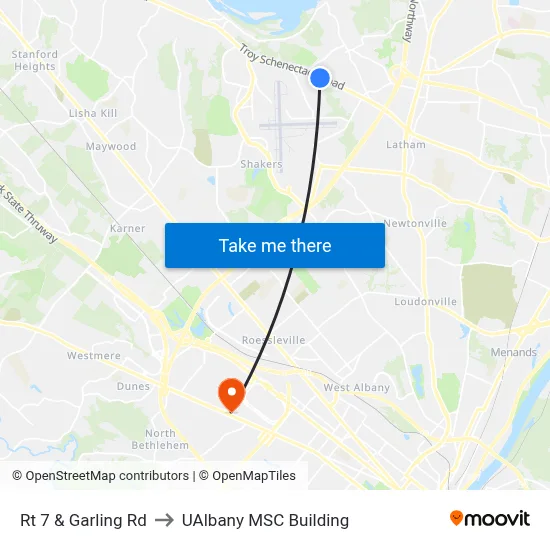 Rt 7 & Garling Rd to UAlbany MSC Building map