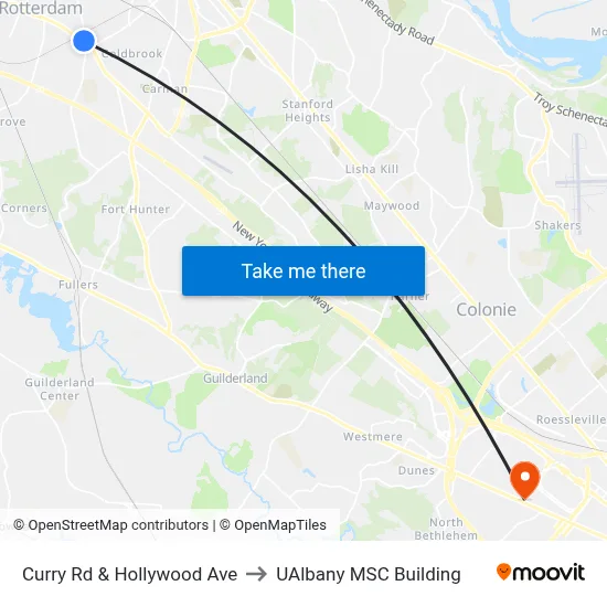 Curry Rd & Hollywood Ave to UAlbany MSC Building map