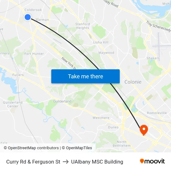 Curry Rd & Ferguson St to UAlbany MSC Building map