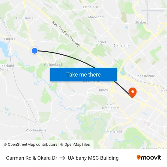 Carman Rd & Okara Dr to UAlbany MSC Building map