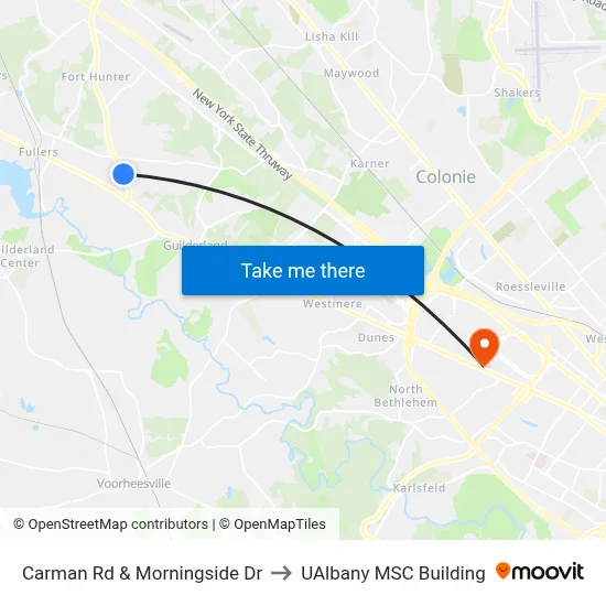 Carman Rd & Morningside Dr to UAlbany MSC Building map