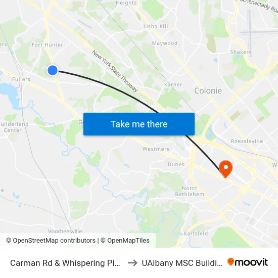 Carman Rd & Whispering Pines to UAlbany MSC Building map