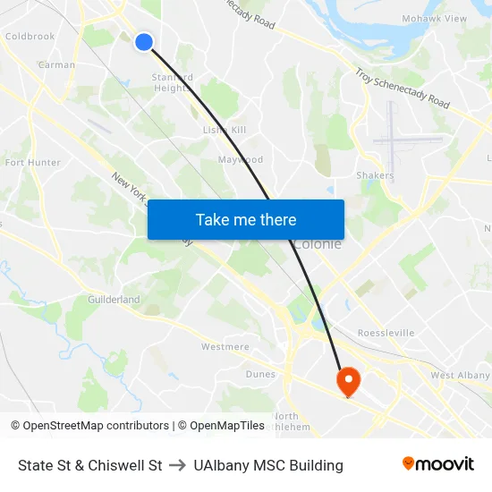 State St & Chiswell St to UAlbany MSC Building map