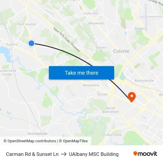 Carman Rd & Sunset Ln to UAlbany MSC Building map
