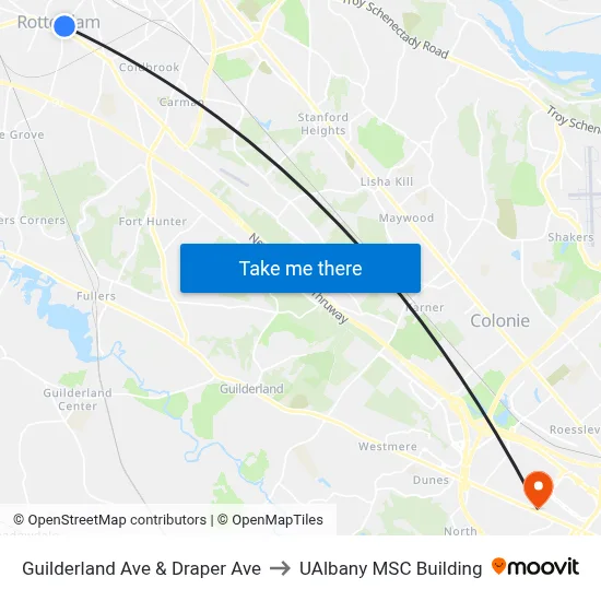 Guilderland Ave & Draper Ave to UAlbany MSC Building map