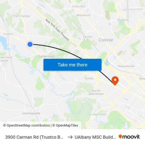 3900 Carman Rd (Trustco Bank) to UAlbany MSC Building map