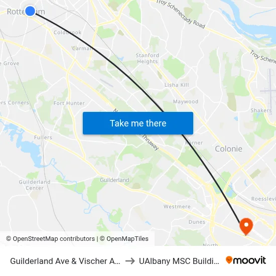 Guilderland Ave & Vischer Ave to UAlbany MSC Building map