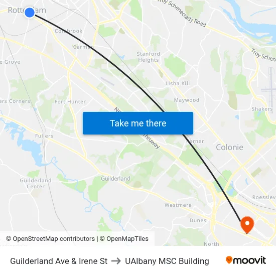 Guilderland Ave & Irene St to UAlbany MSC Building map