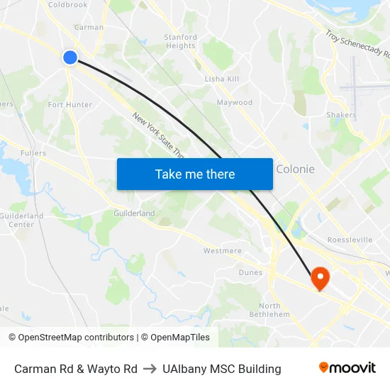 Carman Rd & Wayto Rd to UAlbany MSC Building map