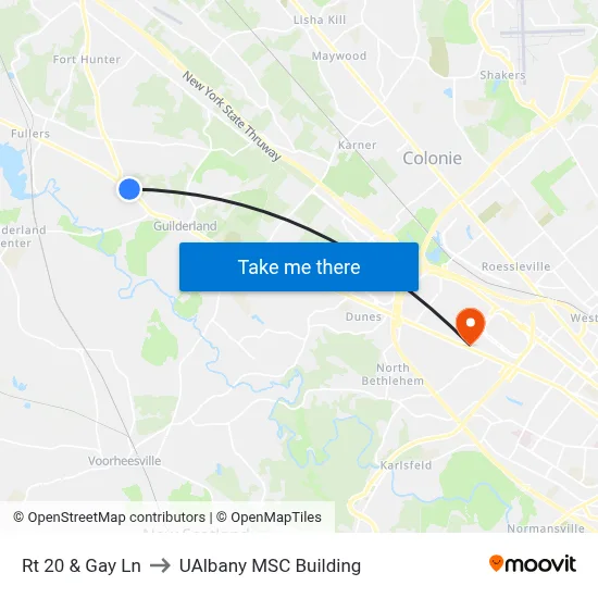 Rt 20 & Gay Ln to UAlbany MSC Building map