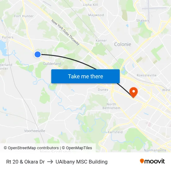 Rt 20 & Okara Dr to UAlbany MSC Building map