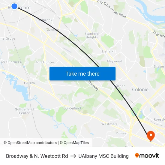 Broadway & N. Westcott Rd to UAlbany MSC Building map