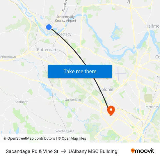 Sacandaga Rd & Vine St to UAlbany MSC Building map